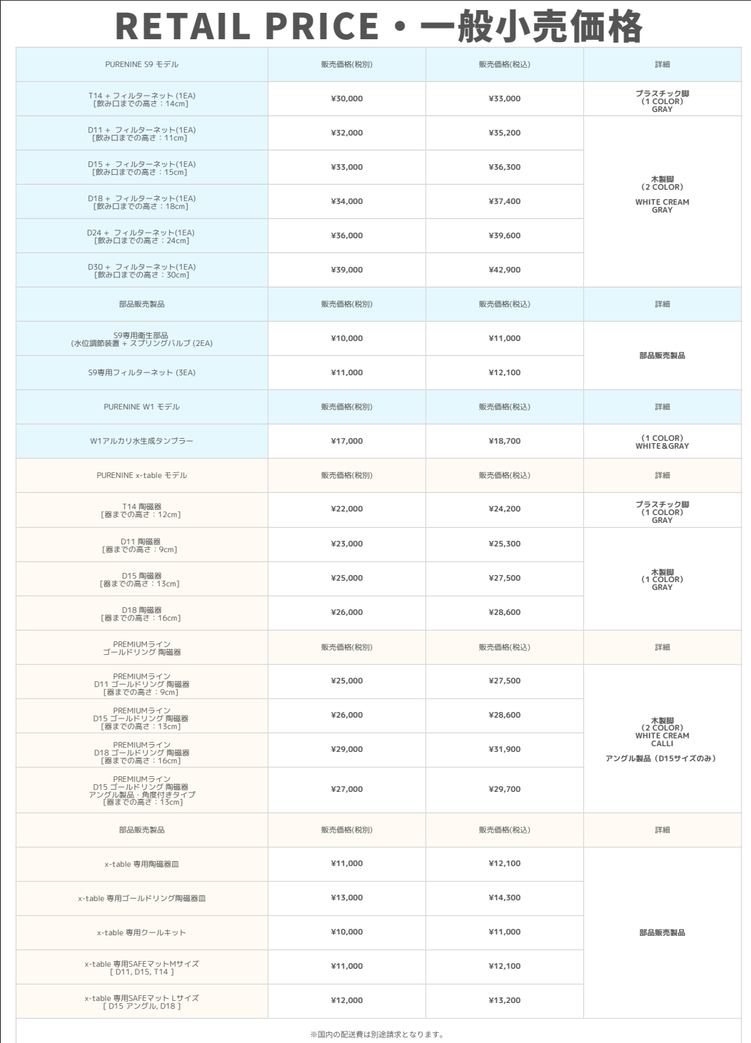 PURENINE 一般小売価格表